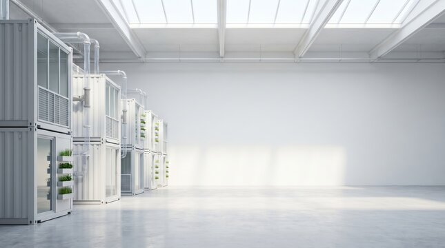 Vertical farm containers inside warehouse for urban agriculture