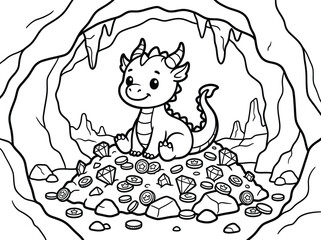 A cute baby dragon sitting on a large pile of gold coins and precious gems in a high resolution coloring book page. © Munna_SH