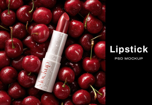 Lipstick Mockup Surrounded By Cherries PSD