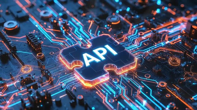 Close-up of a puzzle piece with API on a circuit board with glowing blue and orange lights