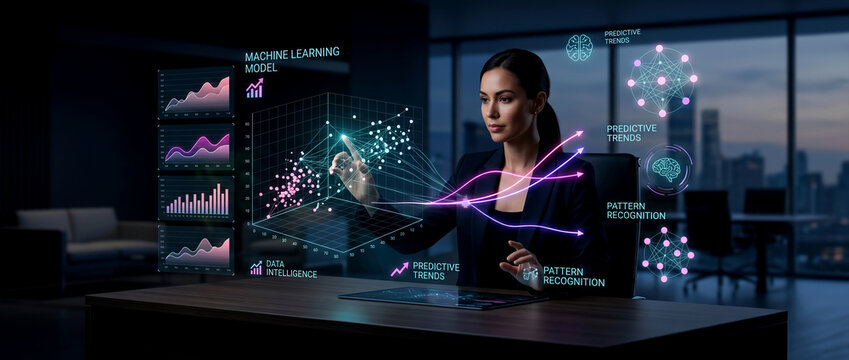 Businesswoman interacting with futuristic holographic data visualization of machine learning models