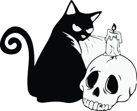 Spooky black and white vector illustration of a black cat sitting next to a human skull with a melting lit candle on top, isolated on a white background