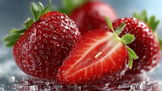  Bright studio close up of three fresh red strawberries, two whole berries with green leafy caps partially overlapping, one vertically halved strawberry showing juicy red flesh and pale seeds