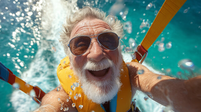 Close-up of a fit elderly man parasailing over a sparkling turquoise sea in a vibrant painted style. Joyful confident expression, bright parachute, sunny summer sky.