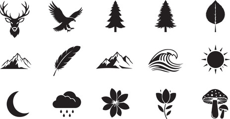 Fototapeta premium Nature's Iconography: An elegant ensemble of nature-themed illustrations that captures the essence of the outdoors in black.