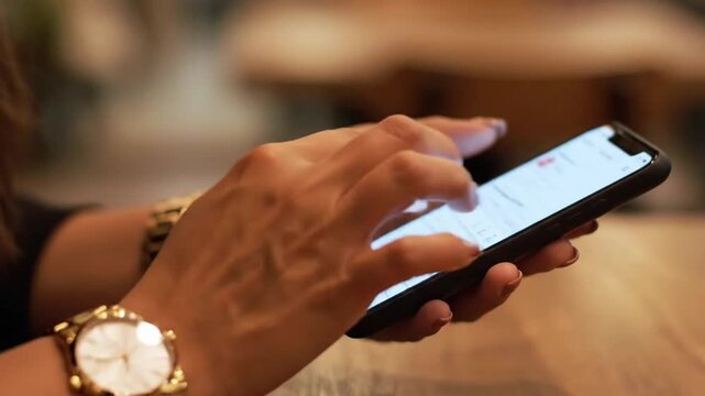Close up of hands typing on smartphone screen in a cafe during daytime