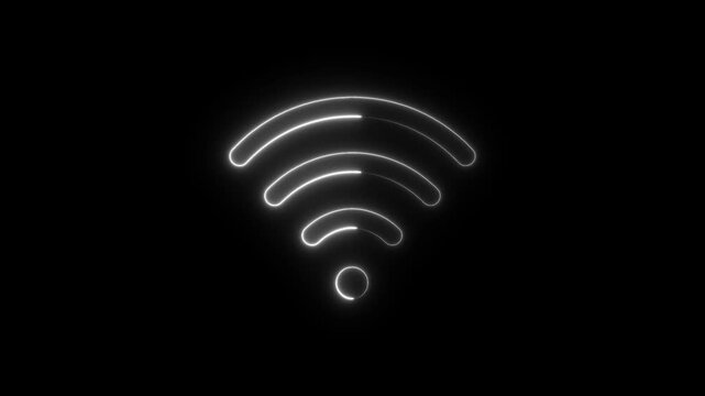 Abstract neon glowing wifi icon animation on black background. Neon digital wifi network icon concept.