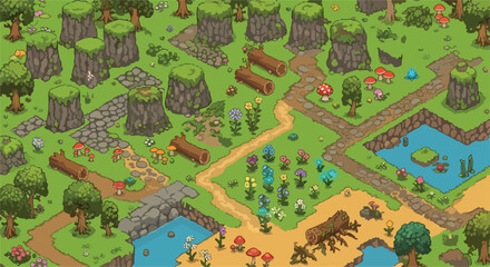 Fototapeta premium Isometric forest game assets, cartoon nature landscape tileset, green woodland environment with trees and rocks, fantasy RPG map creator vector