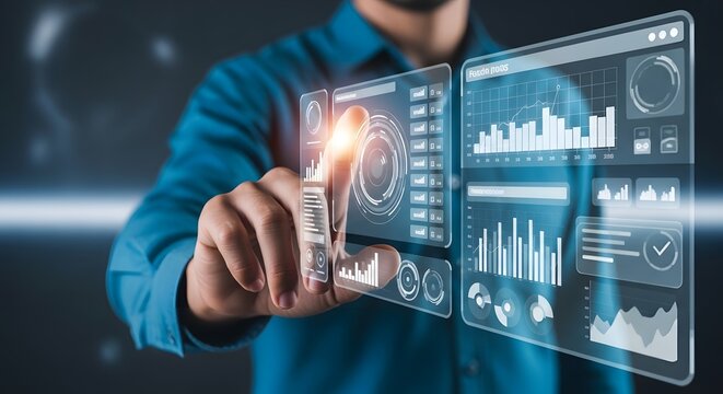 Business person using a digital holographic screen with financial charts and data analytics