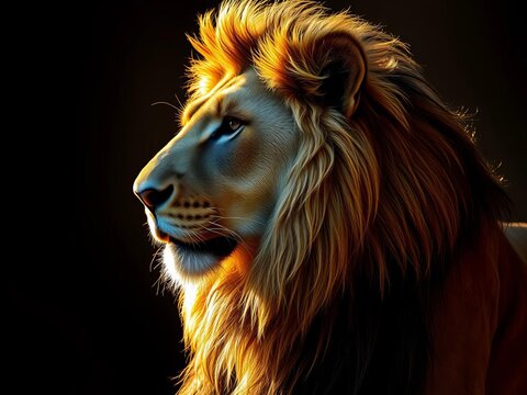 Lion's profile artfully sculpted by crisp, high-key studio lighting, emphasizing regal essence with a dramatic Dutch tilt,  creature,  wildlife photography