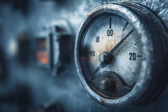 Vintage industrial pressure gauge with rusted metal surface showing measurement in a close-up view inside an old mechanical system with blurred background