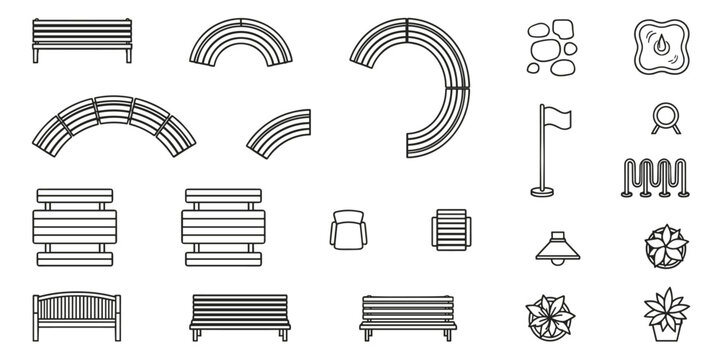 Top view park amenities. Variety of park and street furniture. Includes benches, curved seating, rocks, lamp post, flag, and bike rack. Vector illustration.