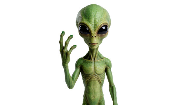 Green Grey Alien Figure Waving Hand with Large Black Eyes