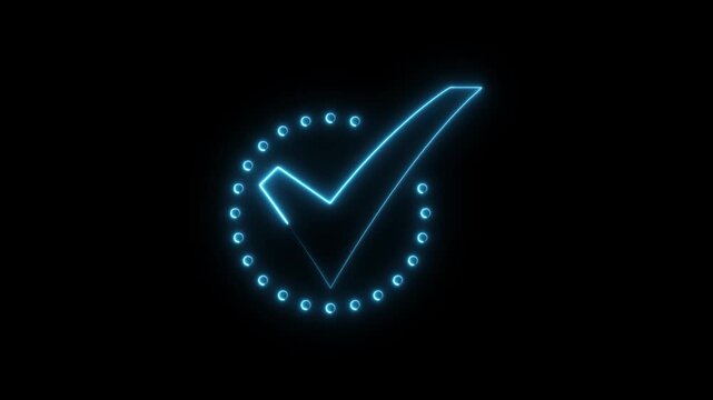 Animation of check mark icon background. Neon Tick mark icon seamless loop.Glowing neon line Tick mark or confirm icon animation.Minimal neon Check Mark icon on black background. 4k video
