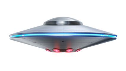 Sleek silver flying saucer with blue glowing lights and red accents © Ophelia