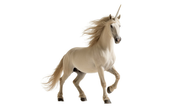 Pale cream Unicorn with flowing mane and horn mid-stride