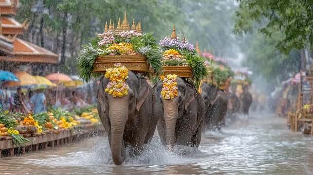 A parade of elephants adorned with elaborate floral baskets and gold ornaments walking through a flooded street during a festival. Market stalls and onlookers line the hazy, rain-streaked background.