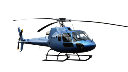 Blue modern helicopter with dark rotor blades and landing skids © Ophelia