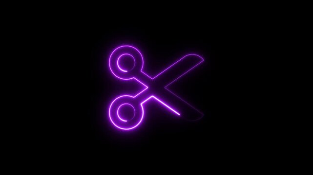 glowing neon scissors icon animation on black background cutting tool symbol digital interface motion graphic 4k