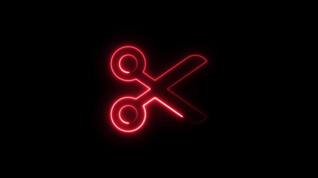 glowing neon scissors icon animation on black background cutting tool symbol digital interface motion graphic 4k