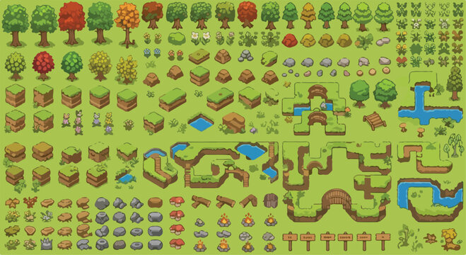 Isometric pixel art game assets, nature landscape tile set with trees and rocks, 2D game environment design elements, forest map constructor vector
