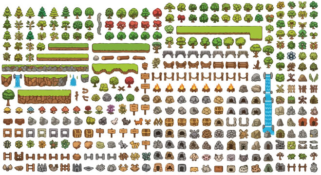 Pixel art game assets collection, 2D nature environment elements for RPG world building, green forest trees and landscape tiles vector set