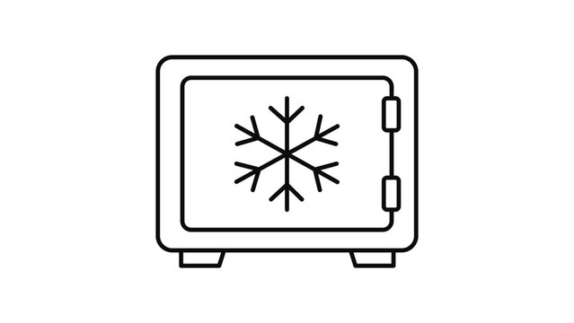 Cold Storage Vault with Snowflake Icon, Minimalist Black Line Illustration for Secure Refrigerated Storage, Cryogenics and Frozen Assets Protection, Editable Stroke Vector on White Background