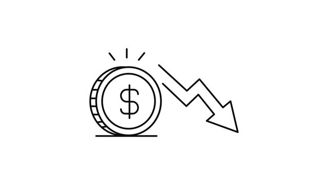 Deflation and Economic Loss Minimalist Black Line Vector Icon with Editable Stroke; Dollar Coin and Downward Arrow Representing Price Drop, Financial Crisis, Recession, and Market Decrease.
