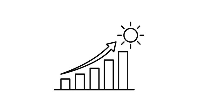 Economic Growth and Success Concept: Minimalist Black Line Vector Icon of a Rising Bar Chart with an Upward Arrow and Sun. Editable Stroke Illustration for Business and Finance Presentations.