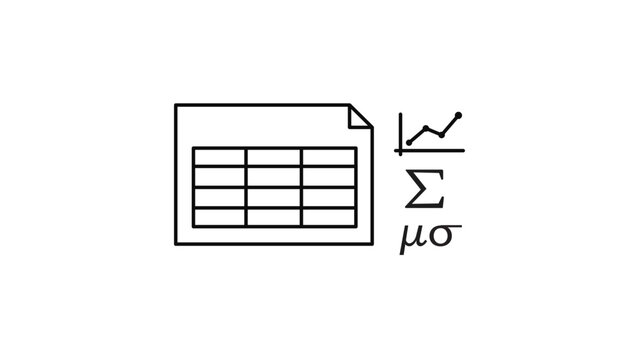 Econometrics and Data Analysis Editable Stroke Vector Icon. Minimalist line illustration of a spreadsheet, line graph, summation symbol, and statistical Greek letters mu and sigma on white.