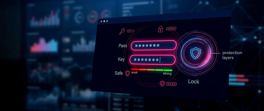 Secure login interface with password fields and lock icon over abstract digital background