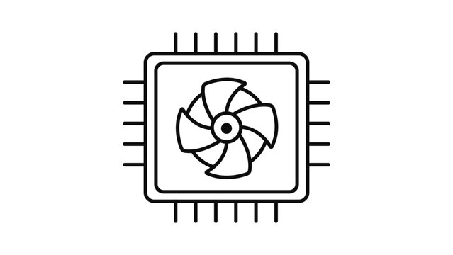 GPU Chip and Cooling Fan Minimalist Black Line Vector Icon on White Background. This Scalable Graphic Features an Editable Stroke for Customizing Line Weight in Technology and Hardware Designs.