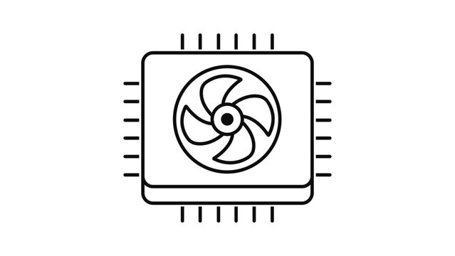 GPU Chip and CPU Processor with Cooling Fan Minimalist Black Line Vector Icon on White Background. Editable Stroke Illustration for Technology, Hardware, and Computer Component Graphic Design.