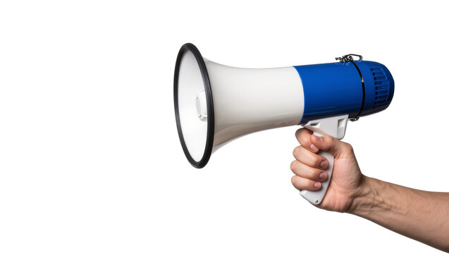 Human Hand Holding Blue and White Plastic Megaphone