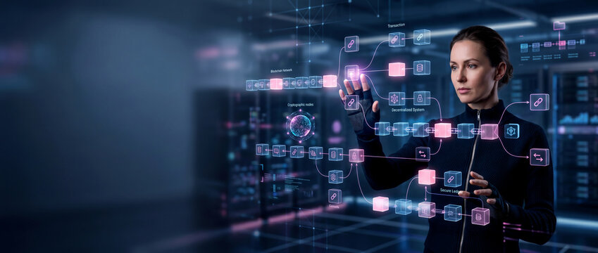 Woman interacting with a digital interface showing data flow and connections in a futuristic setting