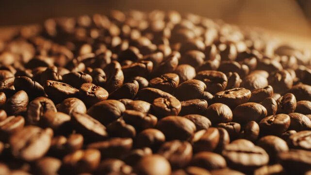 Macro shot of roasted dark coffee beans piled on a rustic wooden surface with warm side lighting highlighting the oily texture, surface cracks, and shallow depth of field.