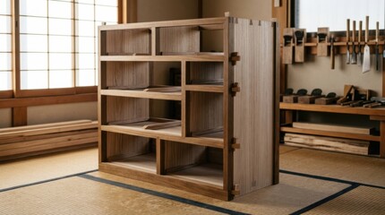 Obraz premium Ebanistería japonesa tradicional con artesano trabajando la madera, herramientas manuales, tatami, shoji y muebles restaurados en taller cálido. Generado por IA.