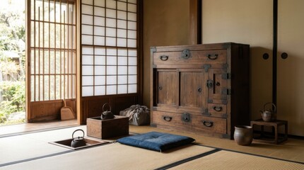 Obraz premium Ebanistería japonesa tradicional con artesano trabajando la madera, herramientas manuales, tatami, shoji y muebles restaurados en taller cálido. Generado por IA.