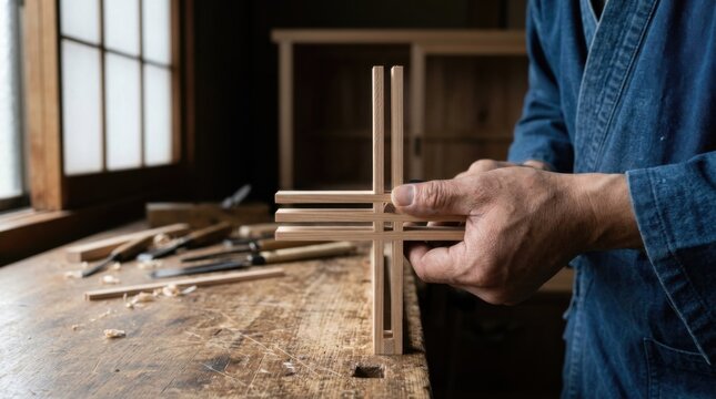 Ebanister&iacute;a japonesa tradicional con artesano trabajando la madera, herramientas manuales, tatami, shoji y muebles restaurados en taller c&aacute;lido. Generado por IA.