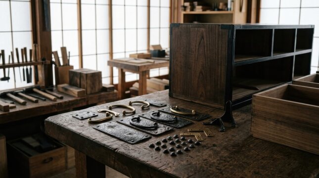 Ebanister&iacute;a japonesa tradicional con artesano trabajando la madera, herramientas manuales, tatami, shoji y muebles restaurados en taller c&aacute;lido. Generado por IA.
