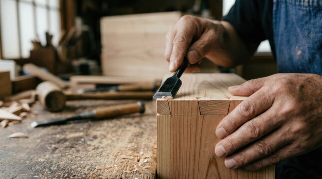 Ebanister&iacute;a japonesa tradicional con artesano trabajando la madera, herramientas manuales, tatami, shoji y muebles restaurados en taller c&aacute;lido. Generado por IA.