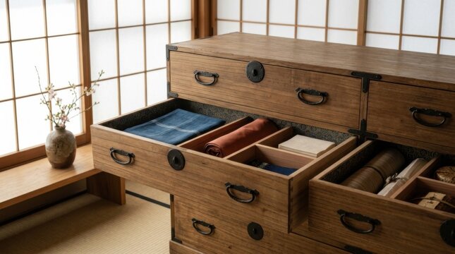 Ebanister&iacute;a japonesa tradicional con artesano trabajando la madera, herramientas manuales, tatami, shoji y muebles restaurados en taller c&aacute;lido. Generado por IA.