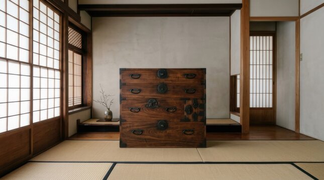 Ebanister&iacute;a japonesa tradicional con artesano trabajando la madera, herramientas manuales, tatami, shoji y muebles restaurados en taller c&aacute;lido. Generado por IA.