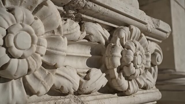 Closeup of ornate stone carvings on an ancient building facade.