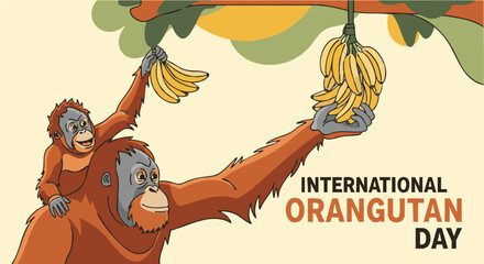 Orangutans playful colorful illustration for International Orangutan Day awareness campaign © Any