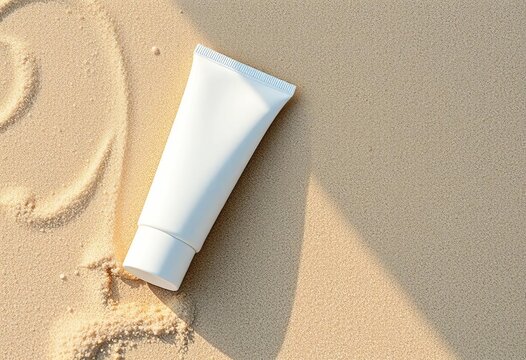 White sunscreen tube on beach sand background, bottle, spf