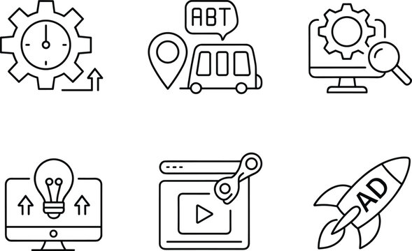 Icons for Time Management, Travel, SEO, Idea, Video, and Advertising on White Background gear clock