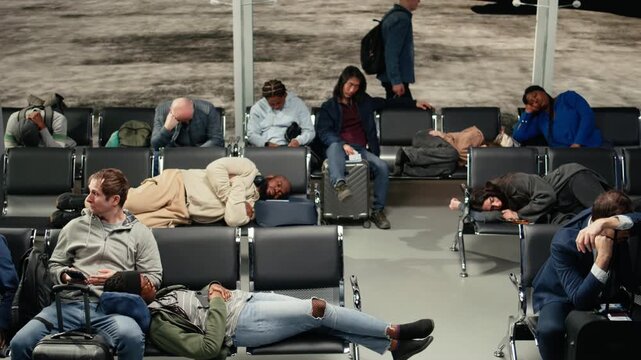 Sleeping on chairs, departure board screen and tourists tired in airport after flights got cancelled. Napping, bench and exhausted travelers waiting for delayed flight updates, camera A
