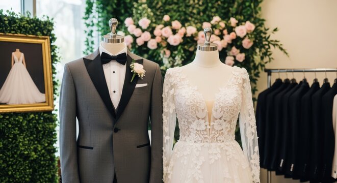 elegant wedding attire display with bride and groom mannequins in boutique setting