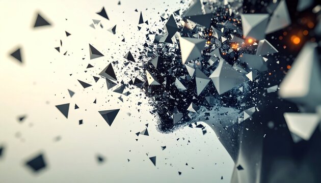 Abstract geometric explosion with triangles and shattered pieces, dynamic and modern.